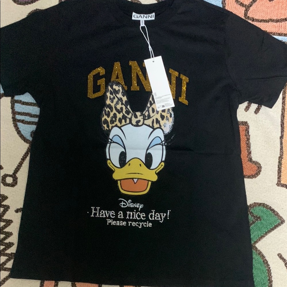 Ganni Black Daisy Duck Tee with Gold Logo and Leopard Bow